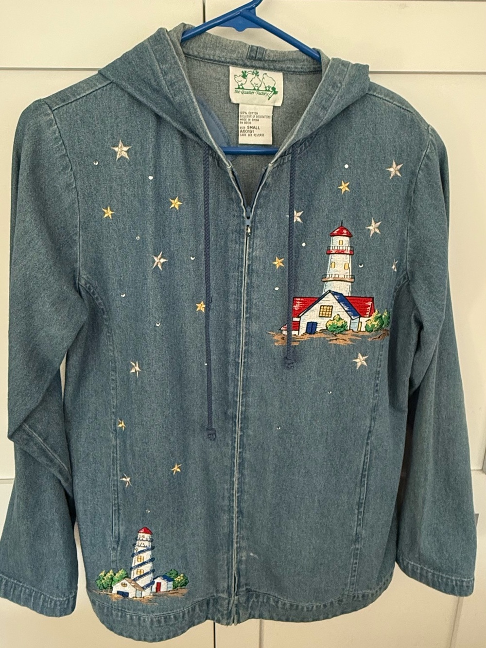 Quacker Factory Denim Hooded Jacket with Lighthouse Embroidery